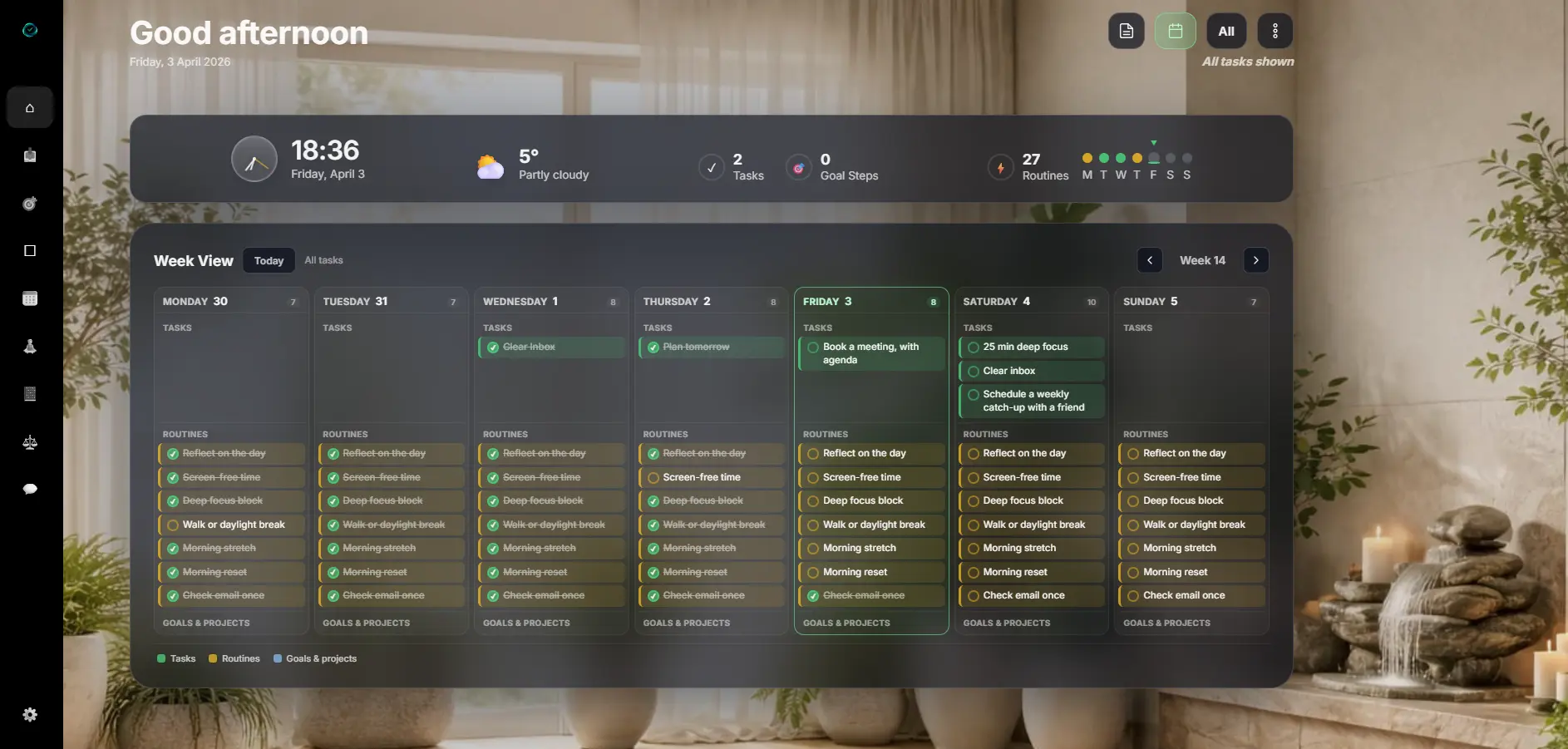 EasyLife.ai week view — visual overview of tasks, goals and schedule for the entire week