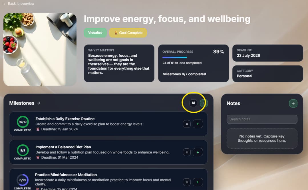 Breaking a goal into milestones and tasks using AI