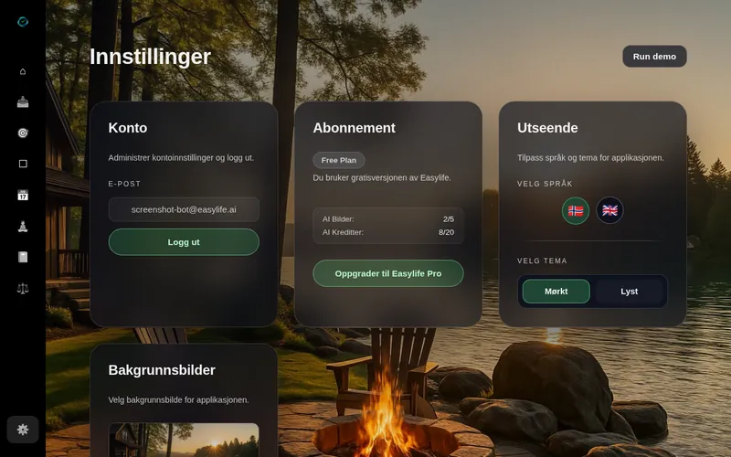 Appearance card with language selector flags and dark/light theme toggle buttons