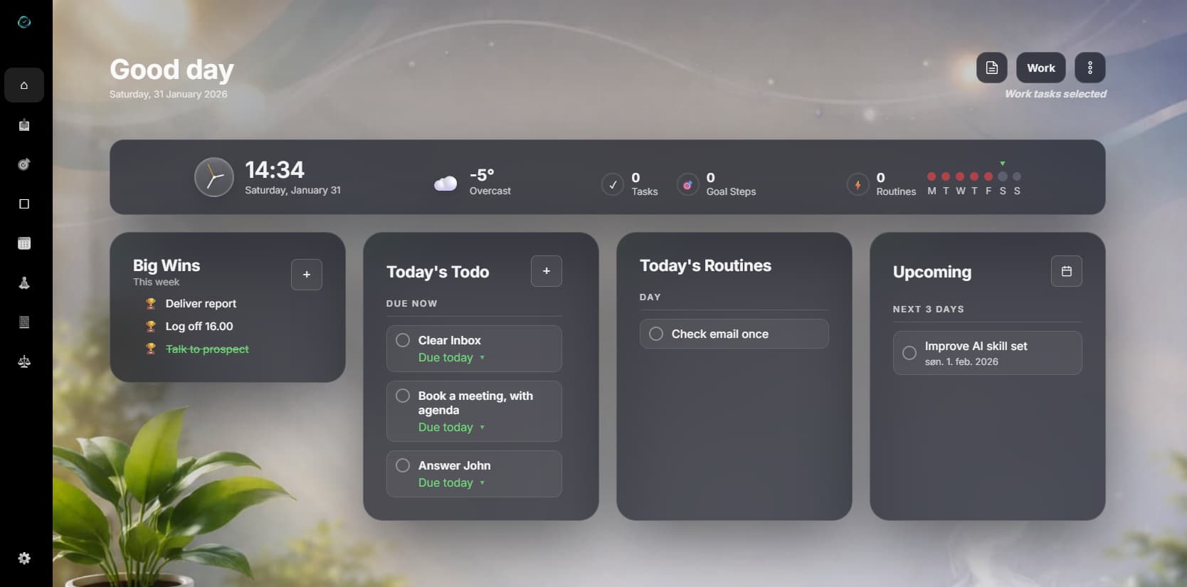 Work filter mode showing only work-related tasks and goals in EasyLife.ai