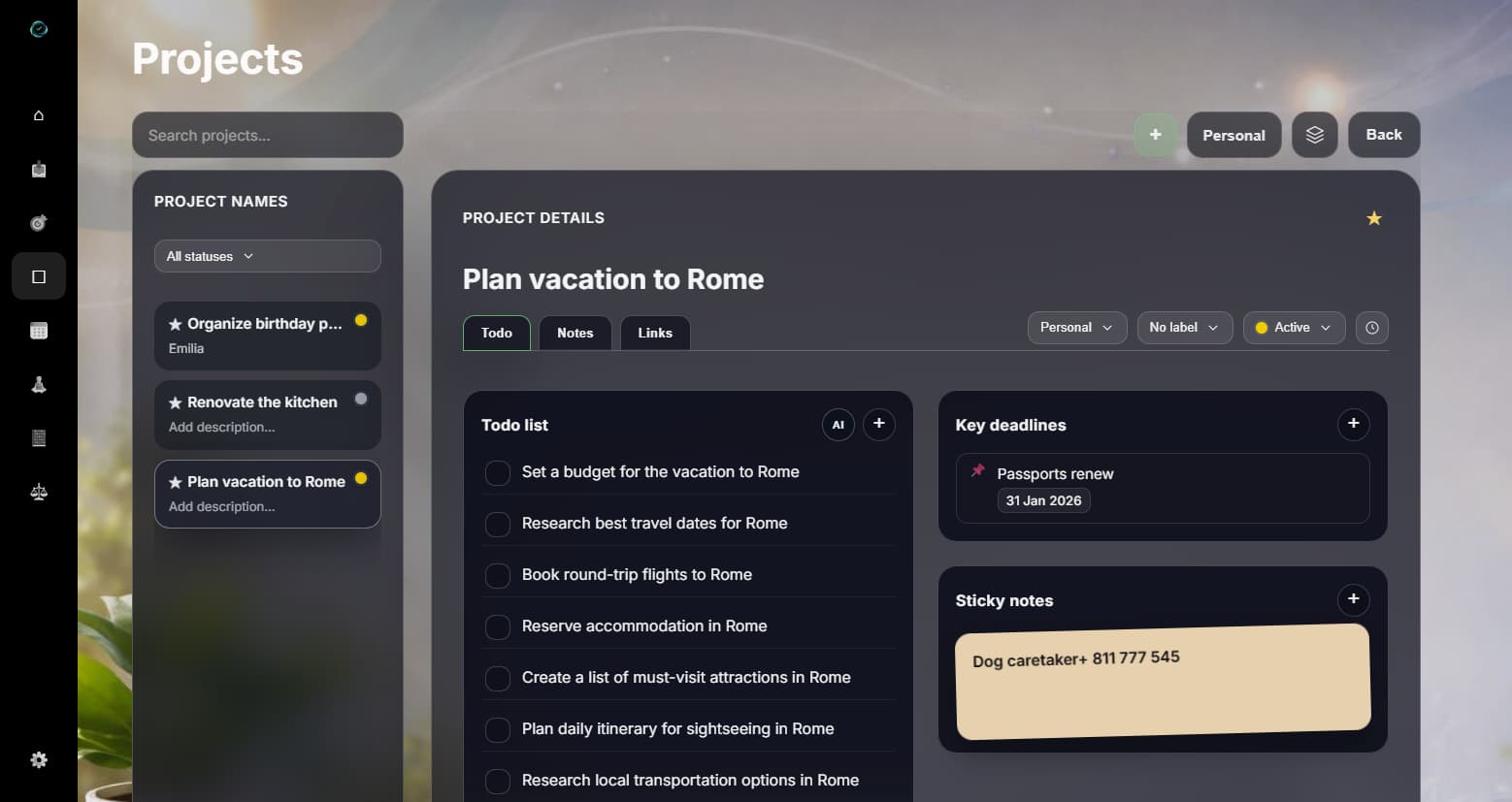 AI-generated task lists and project planning in EasyLife.ai