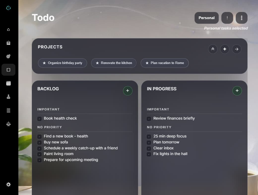 Organized todo list dashboard in EasyLife.ai showing tasks, projects and focus features