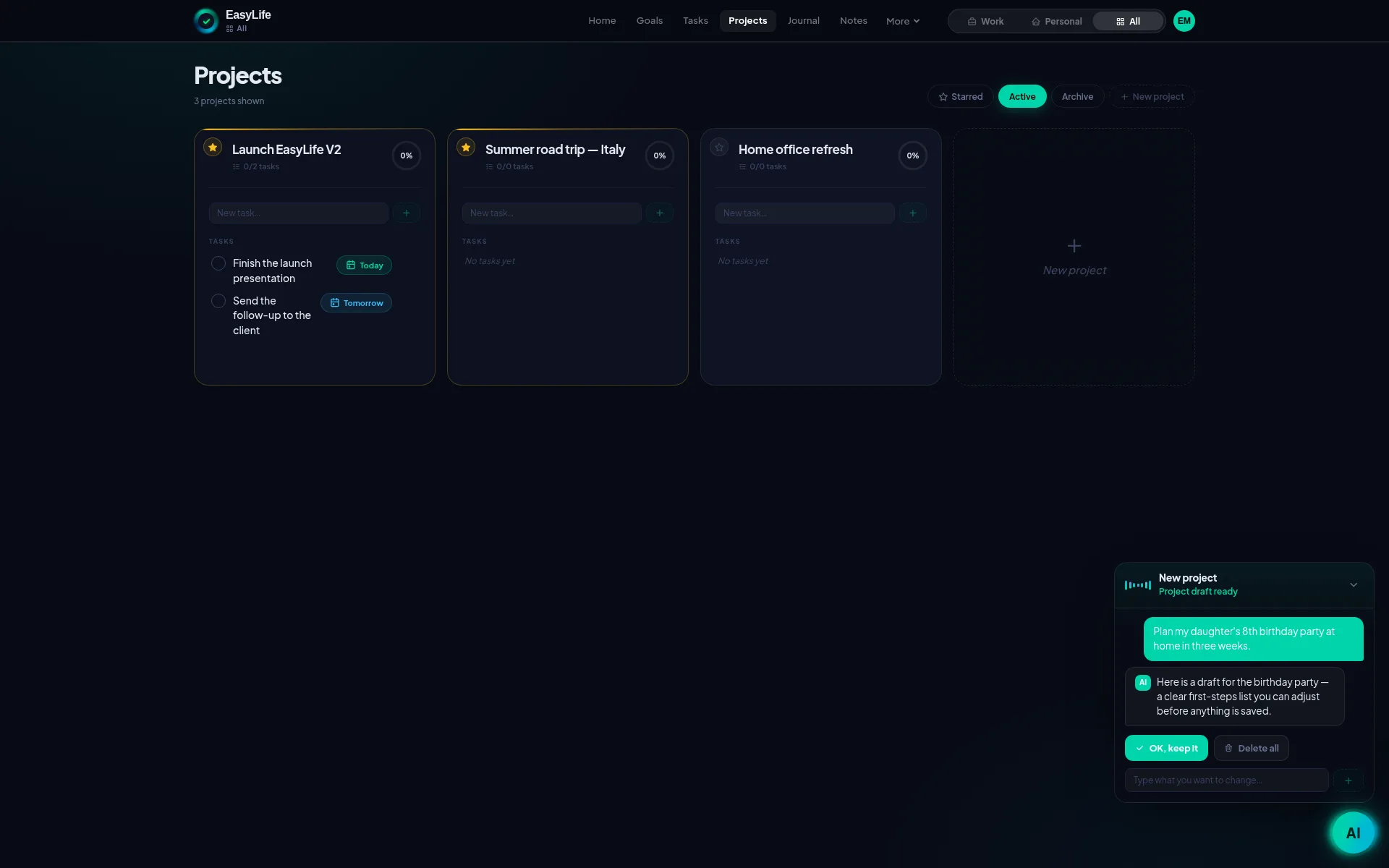 The Projects page in EasyLife.ai with the AI assistant delivering a ready project draft in the floating chat