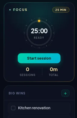 The focus timer card on the EasyLife.ai dashboard — a Pomodoro-style session one click away