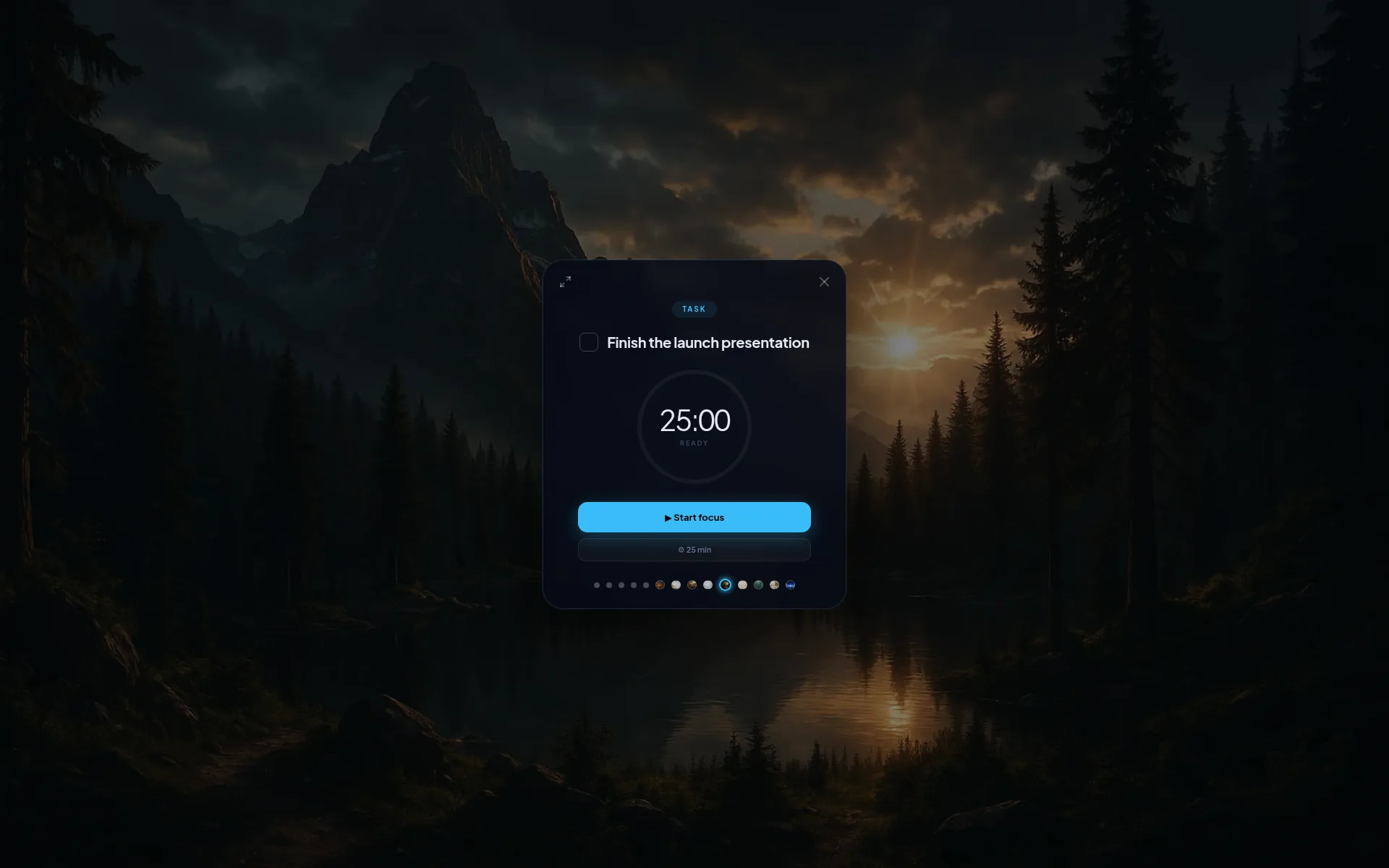 EasyLife.ai focus mode ready to start — one task, a 25 minute timer and a calming nature background