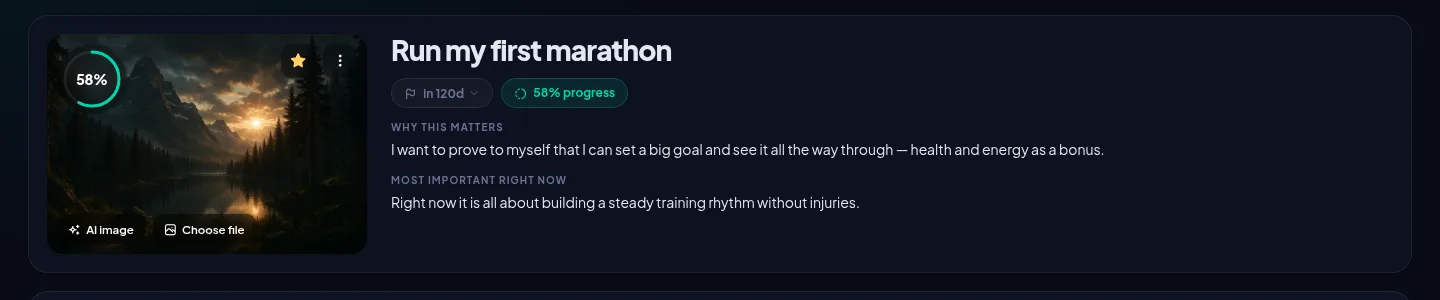 A goal in EasyLife.ai with motivational image, deadline, progress, why it matters and what is most important right now