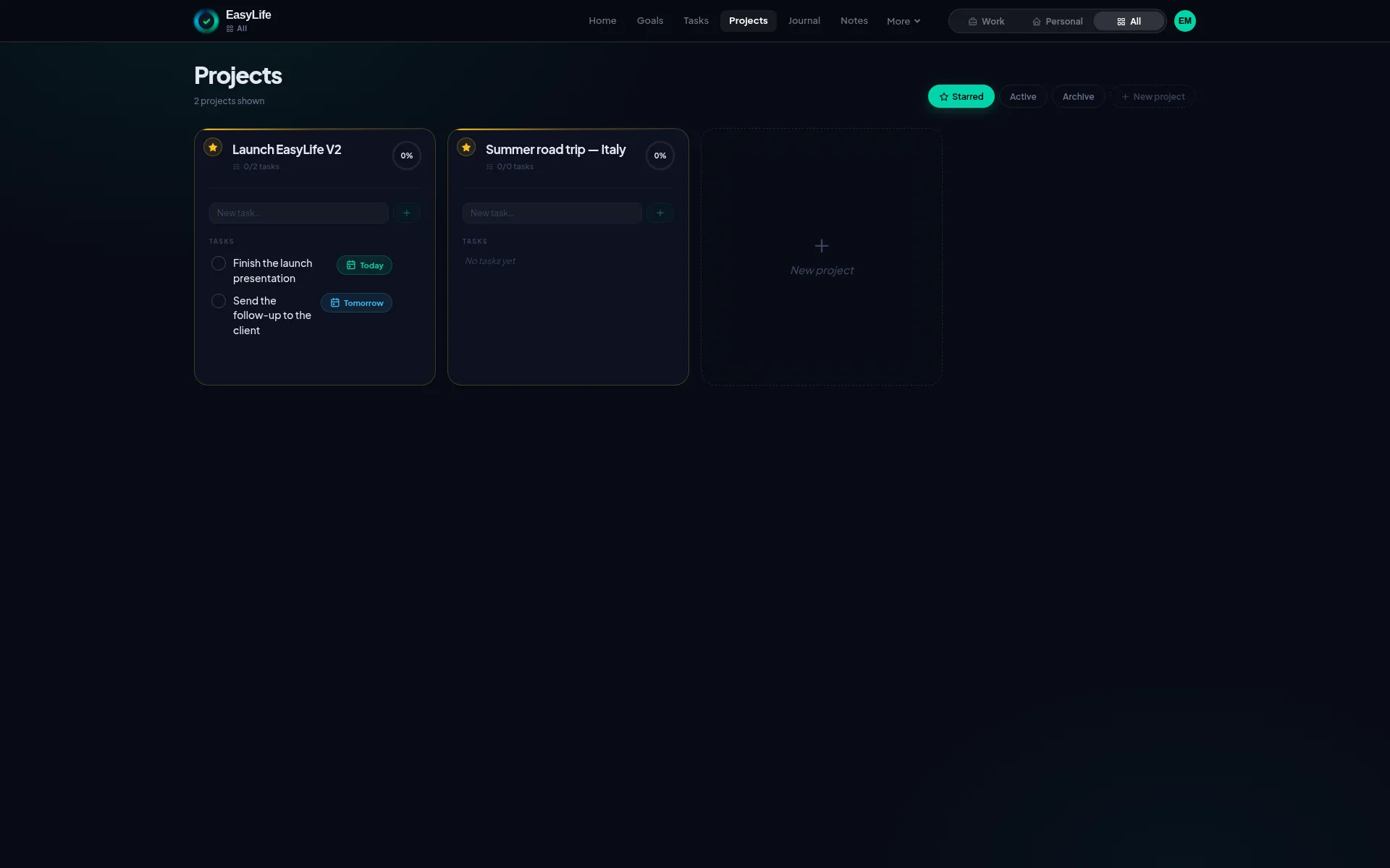 EasyLife.ai project management view — tasks grouped by project for structured productivity