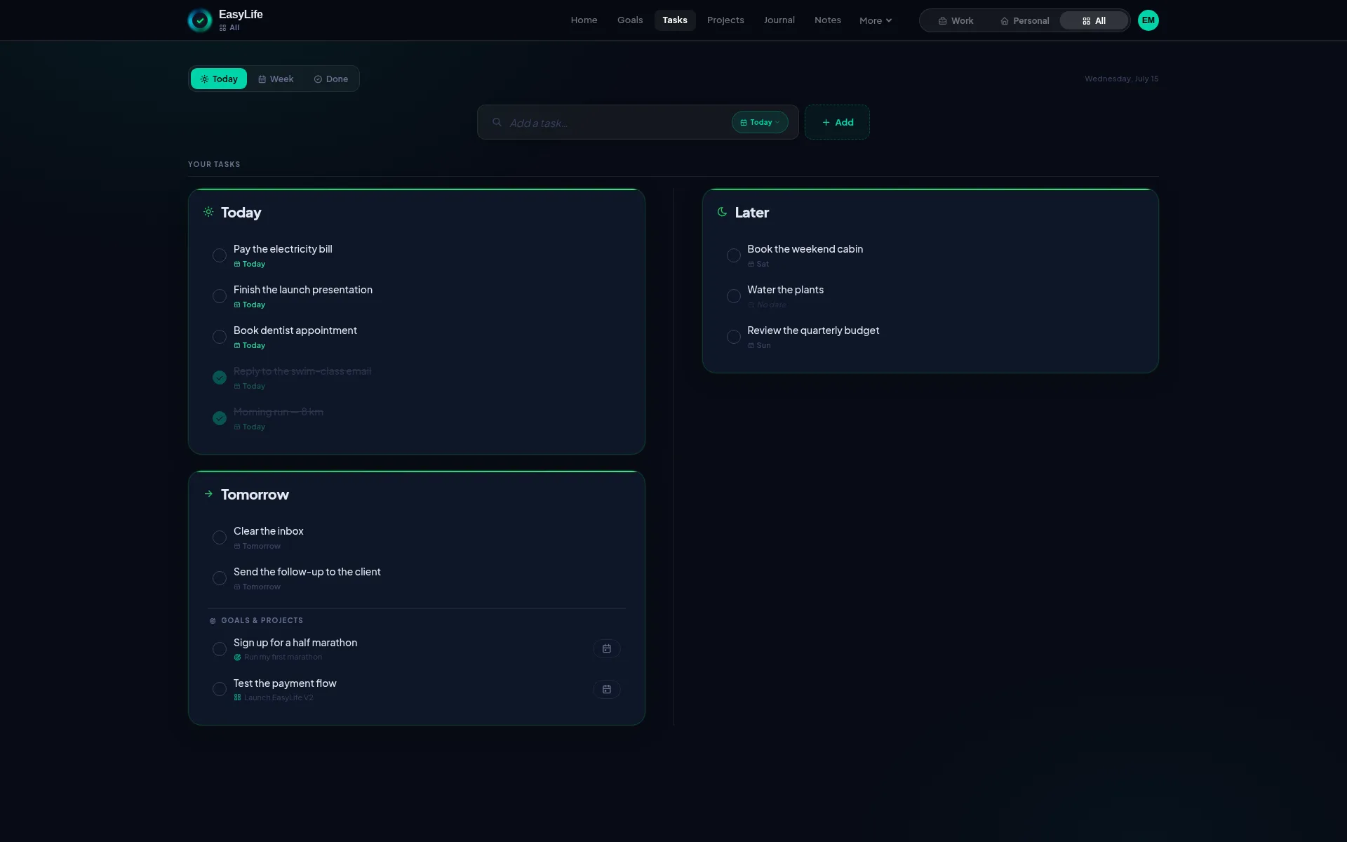 The simple task view in EasyLife.ai — one calm list for today