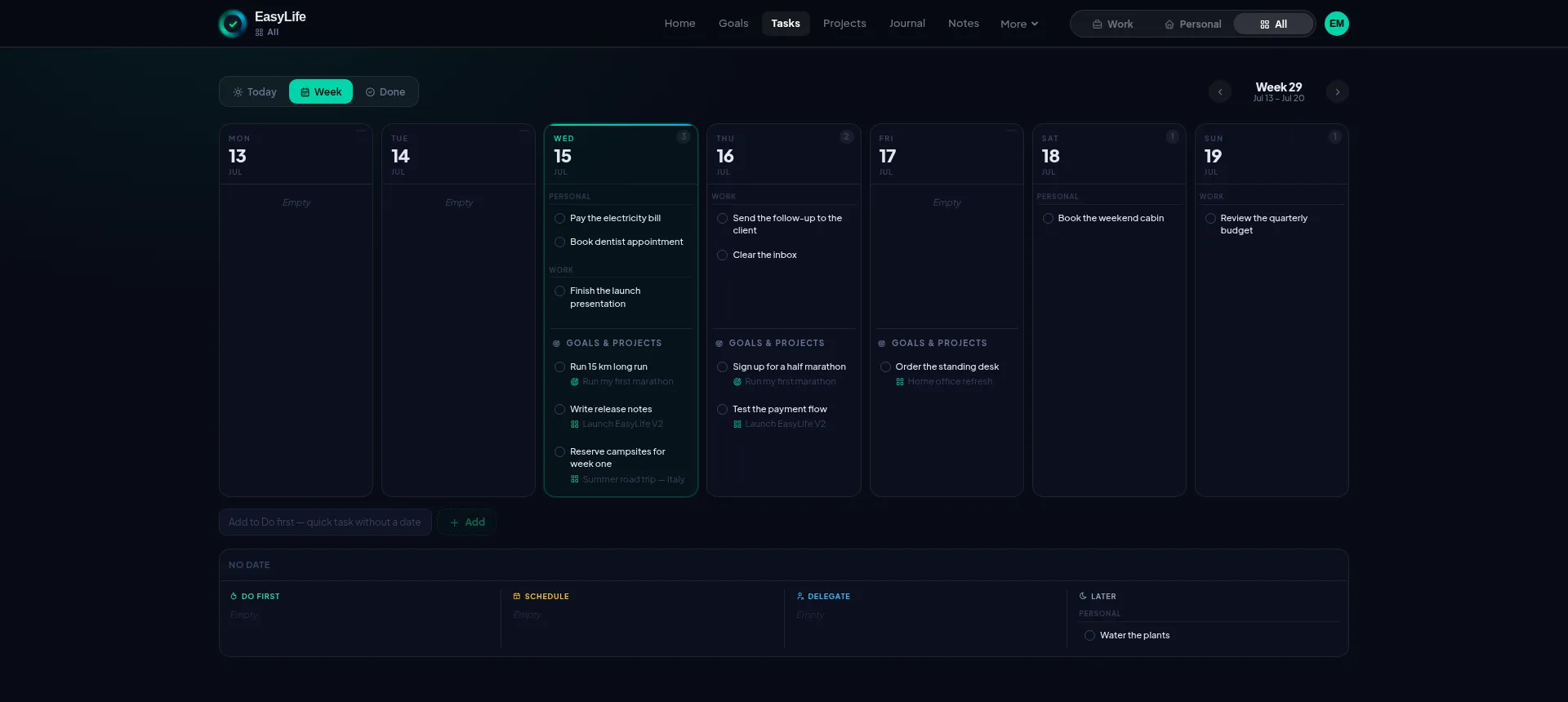 EasyLife.ai week view — visual overview of tasks, goals and schedule for the entire week