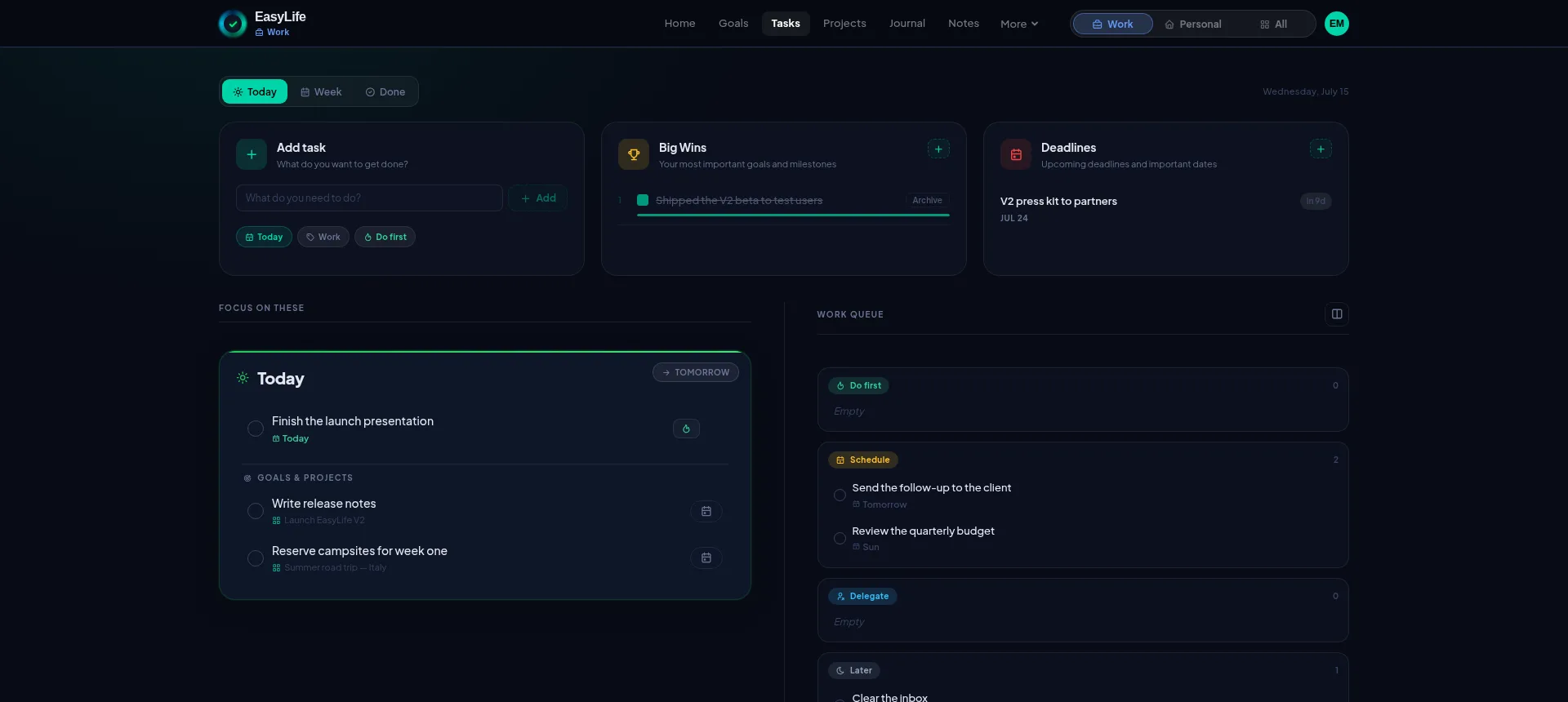 The Work filter in EasyLife.ai showing only work tasks in the week view