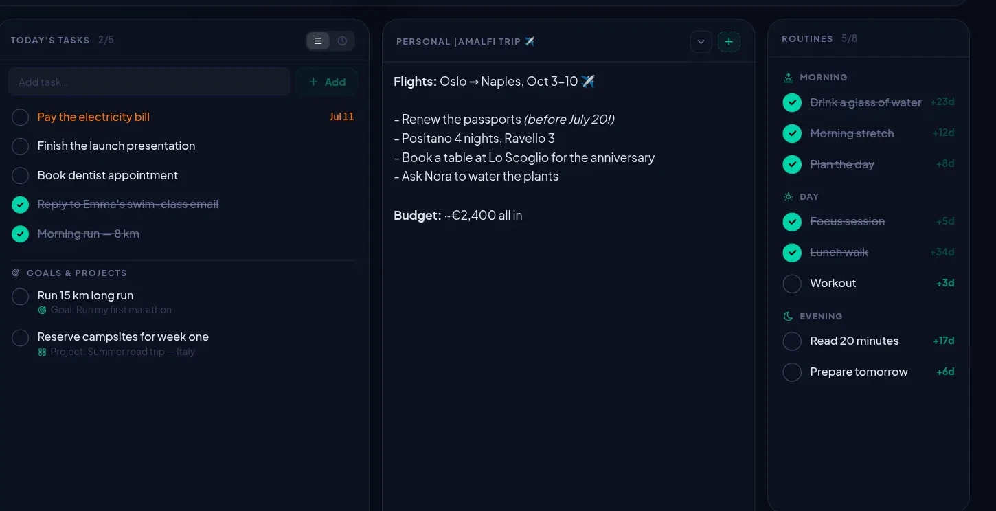 Today's tasks, a quick note and routines with streak counters on the EasyLife.ai dashboard