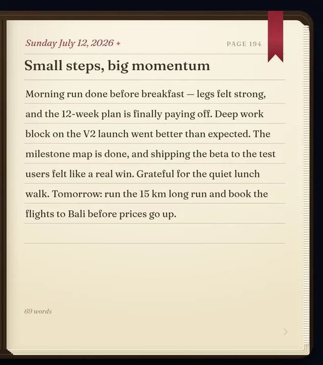A written journal entry in EasyLife.ai with title, date, bookmark and word count