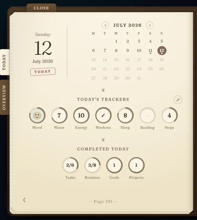 Daily trackers in the EasyLife.ai journal showing mood, water, energy, workout, sleep and steps