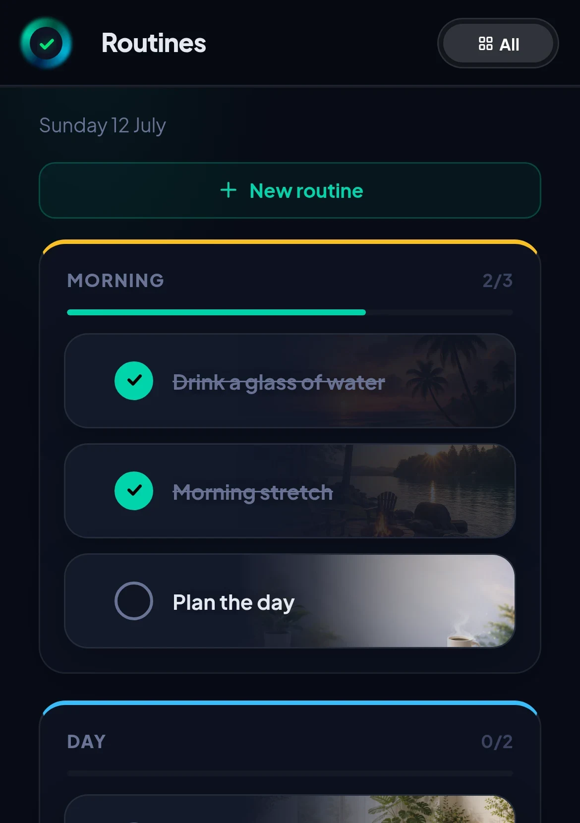 Mobile view of EasyLife.ai routines with morning habit cards and progress