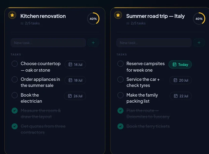 Two project cards in EasyLife.ai with progress rings, dated tasks and completed items